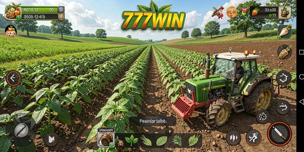 Tampilan gameplay 777WIN dengan ladang yang subur dan hewan ternak.