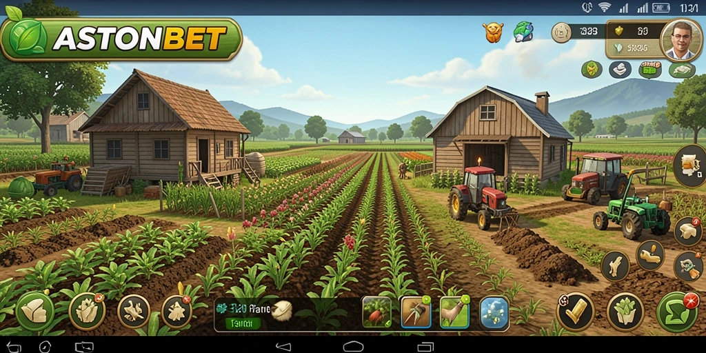 Tampilan utama gameplay ASTONBET yang menampilkan ladang pertanian yang subur.