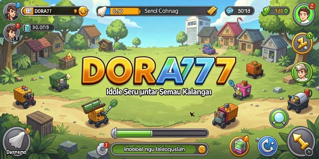 Screenshot gameplay DORA77 menampilkan karakter mengumpulkan sumber daya dalam suasana Idle.
