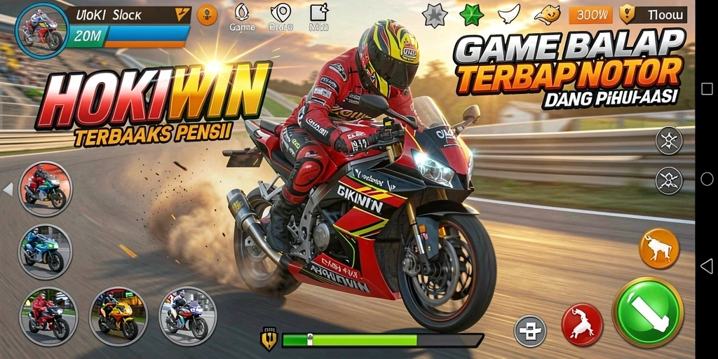 Tampilan gameplay HOKIWIN yang mendebarkan dan penuh aksi balap motor.
