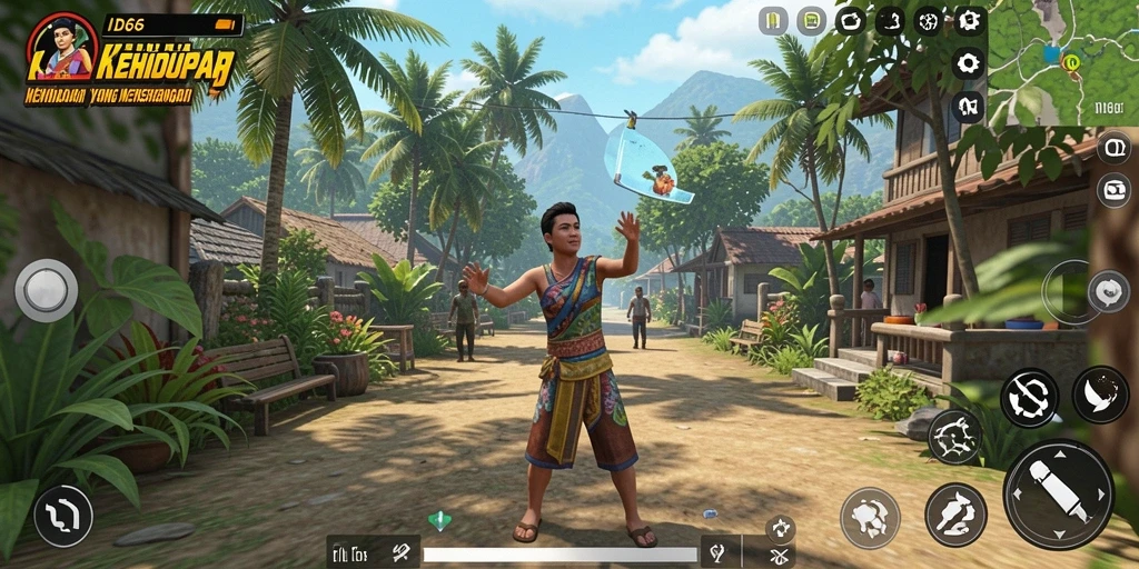 Screenshot gameplay ID66 yang menunjukkan simulasi kehidupan yang dinamis.