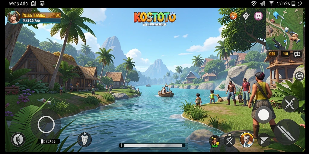 Tangkapan layar gameplay KOSTOTO menampilkan dunia yang luas dan interaksi pemain.
