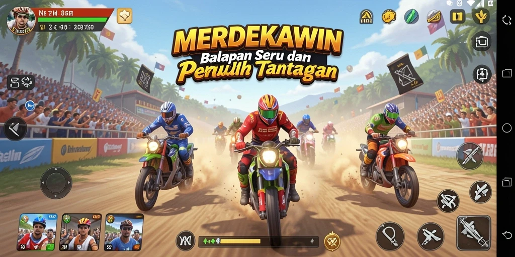 Tangkapan layar gameplay MERDEKAWIN yang menunjukkan aksi balap yang mendebarkan.