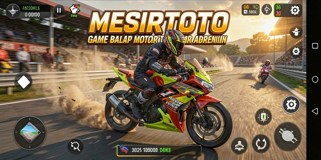 Screenshot utama MESIRTOTO menampilkan gameplay balap motor yang mendebarkan.
