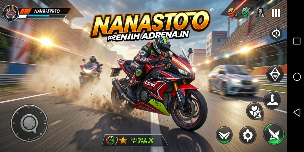 Tampilan gameplay seru NANASTOTO dengan balap motor menegangkan.