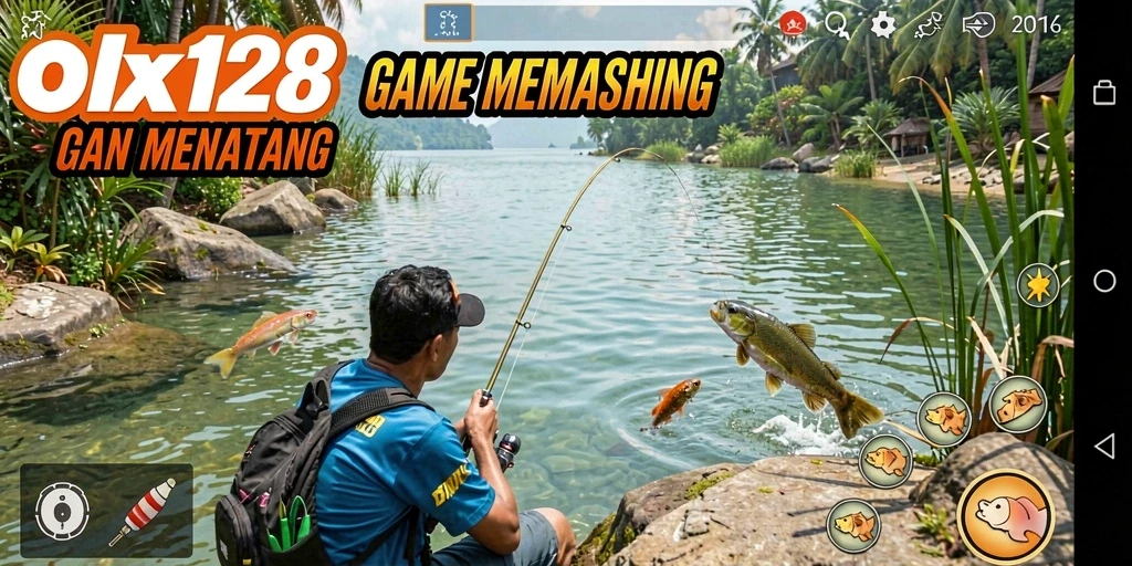 Screenshot gameplay OLX128 menampilkan pengalaman memancing yang mendebarkan.