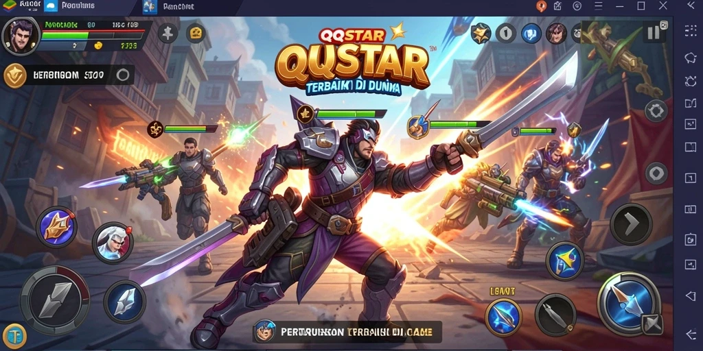 Screenshot utama QQSTAR menunjukkan aksi pertarungan yang seru.