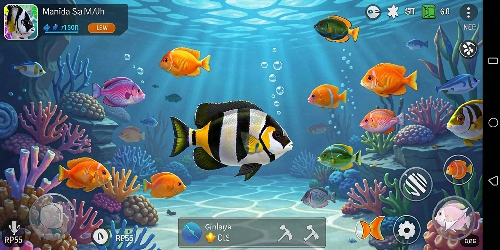 Screenshot utama RP55 menampilkan pemain dalam aksi memancing yang seru.