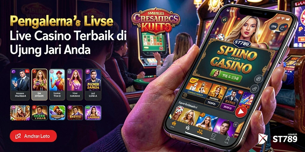 Screenshot gameplay Live Casino ST789 dengan dealer nyata dan suasana kasino.