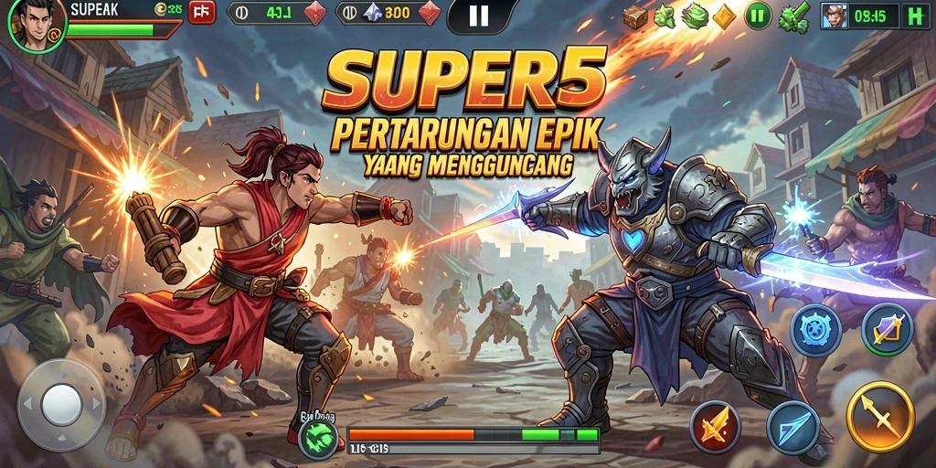 Screenshot utama SUPER5 menampilkan aksi pertarungan yang mendebarkan.