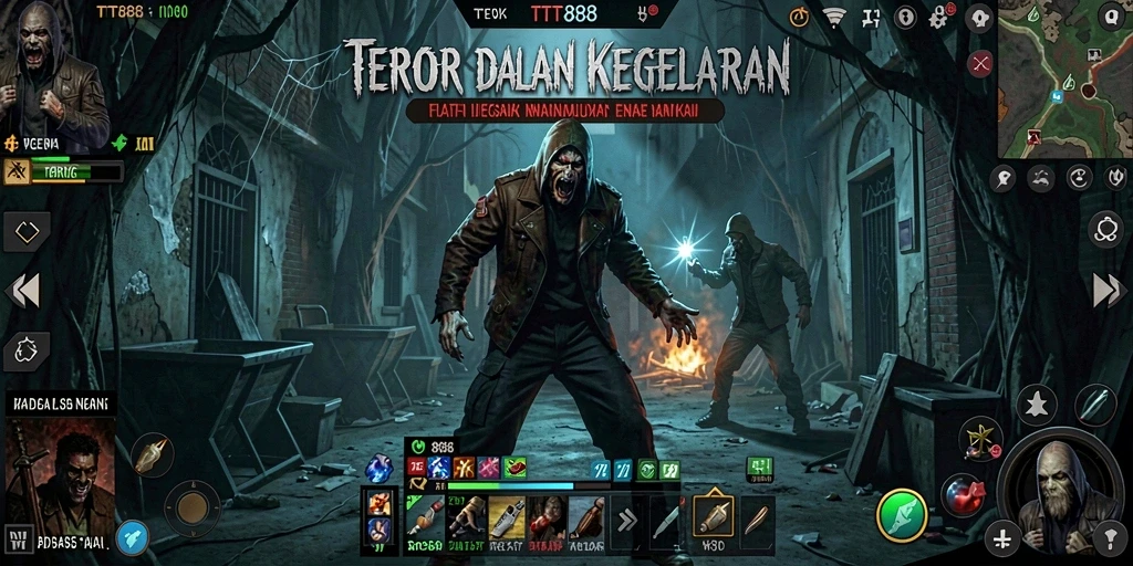 Screenshot TTT888 menunjukkan suasana mencekam dan karakter yang terjebak dalam kegelapan.